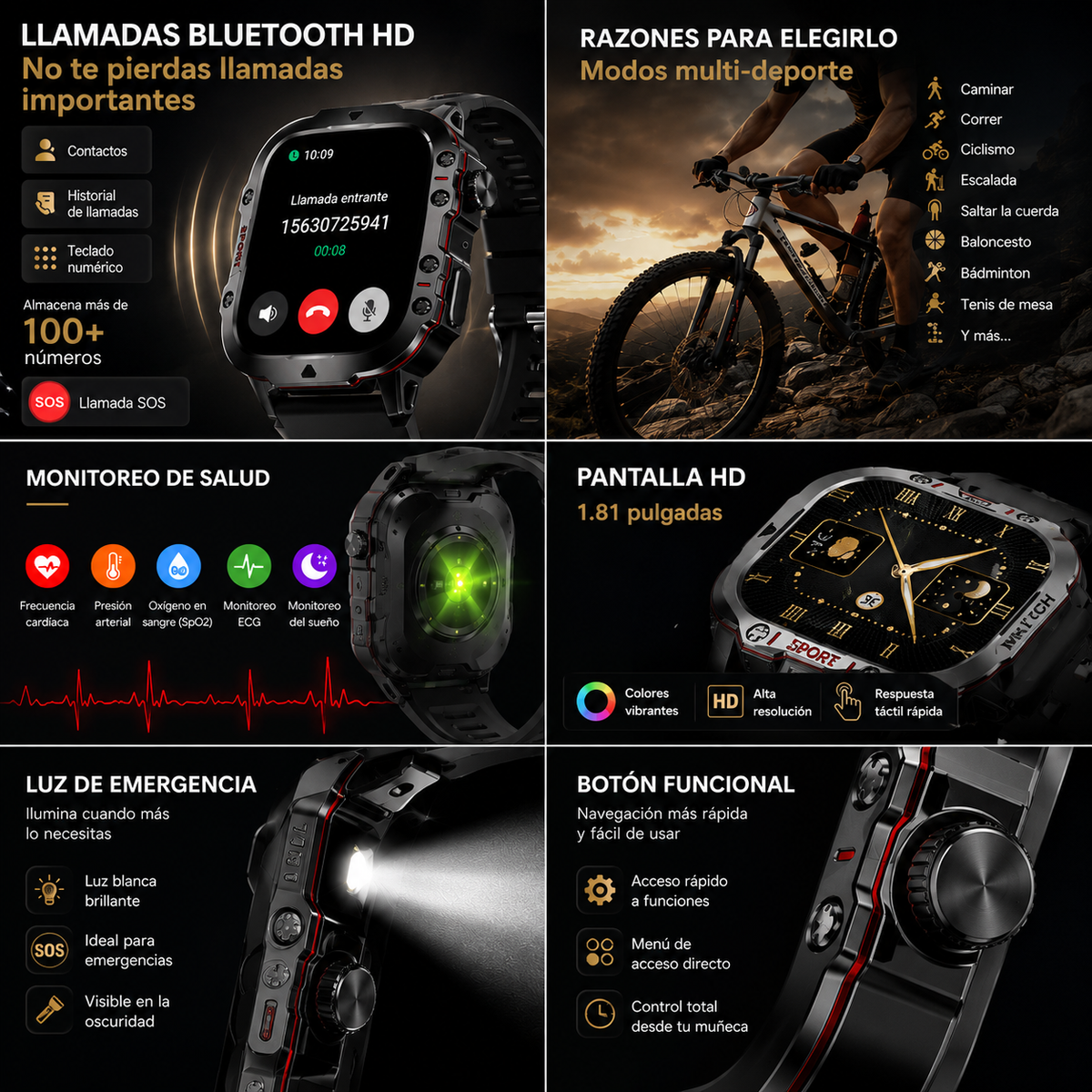 Smartwatch para Hombre con Linterna y Llamadas Bluetooth – IP68 Resistente al Agua