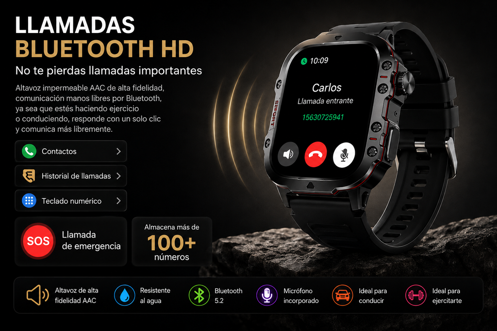 Smartwatch para Hombre con Linterna y Llamadas Bluetooth – IP68 Resistente al Agua