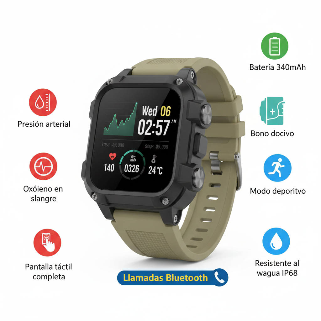 Smartwatch para Hombre con Linterna y Llamadas Bluetooth – IP68 Resistente al Agua